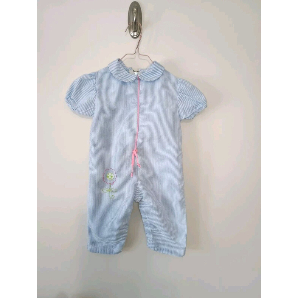 Vintage Sears Seersucker Blue White Striped Short Sleeve Romper Flower 24-30M